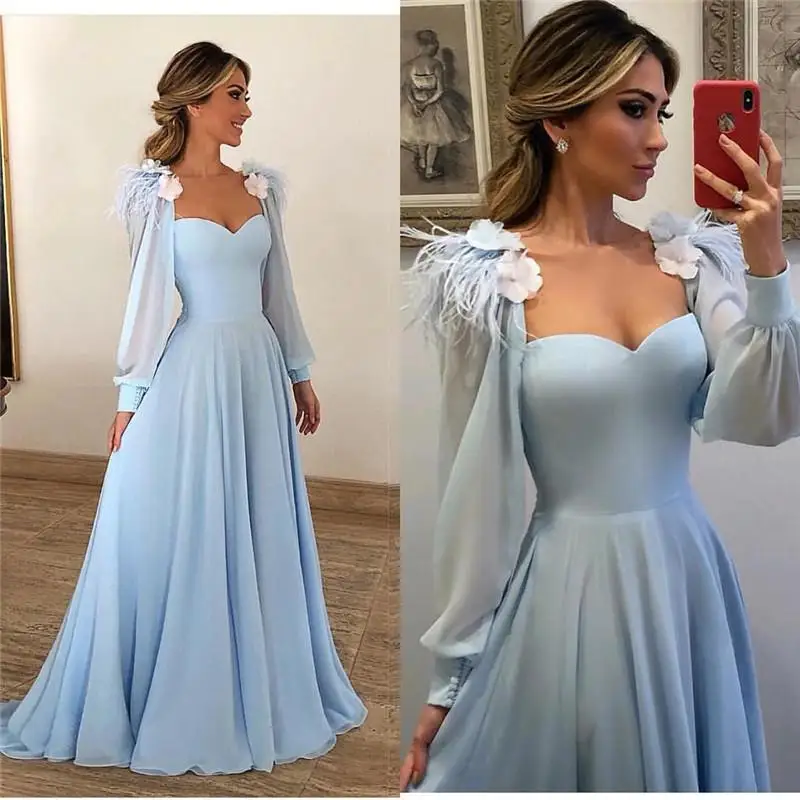 

Modest Light Blue Feather Evening Dresses 2023 A Line Long Sleeves Prom Gowns Plus Size Cheap 3D Floral Arabic Party