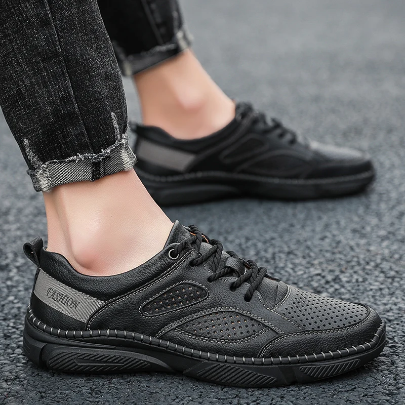Hollow Out Men's Summer Leather Casual Shoes Business Formal Lace Up Mens Flat comfortable soft oxfords shoes | Обувь