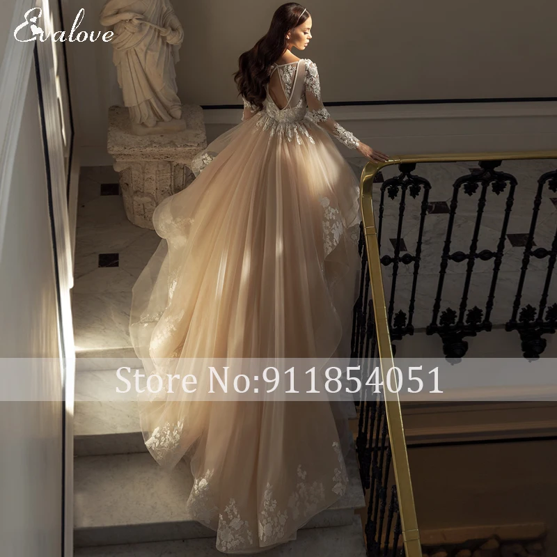 red wedding dresses EVALOVE Gorgeous Appliques Court Train A-Line Wedding Dress Luxury V-Neck Beading Long Sleeve Customized Princess Bridal Gown tea length wedding dress