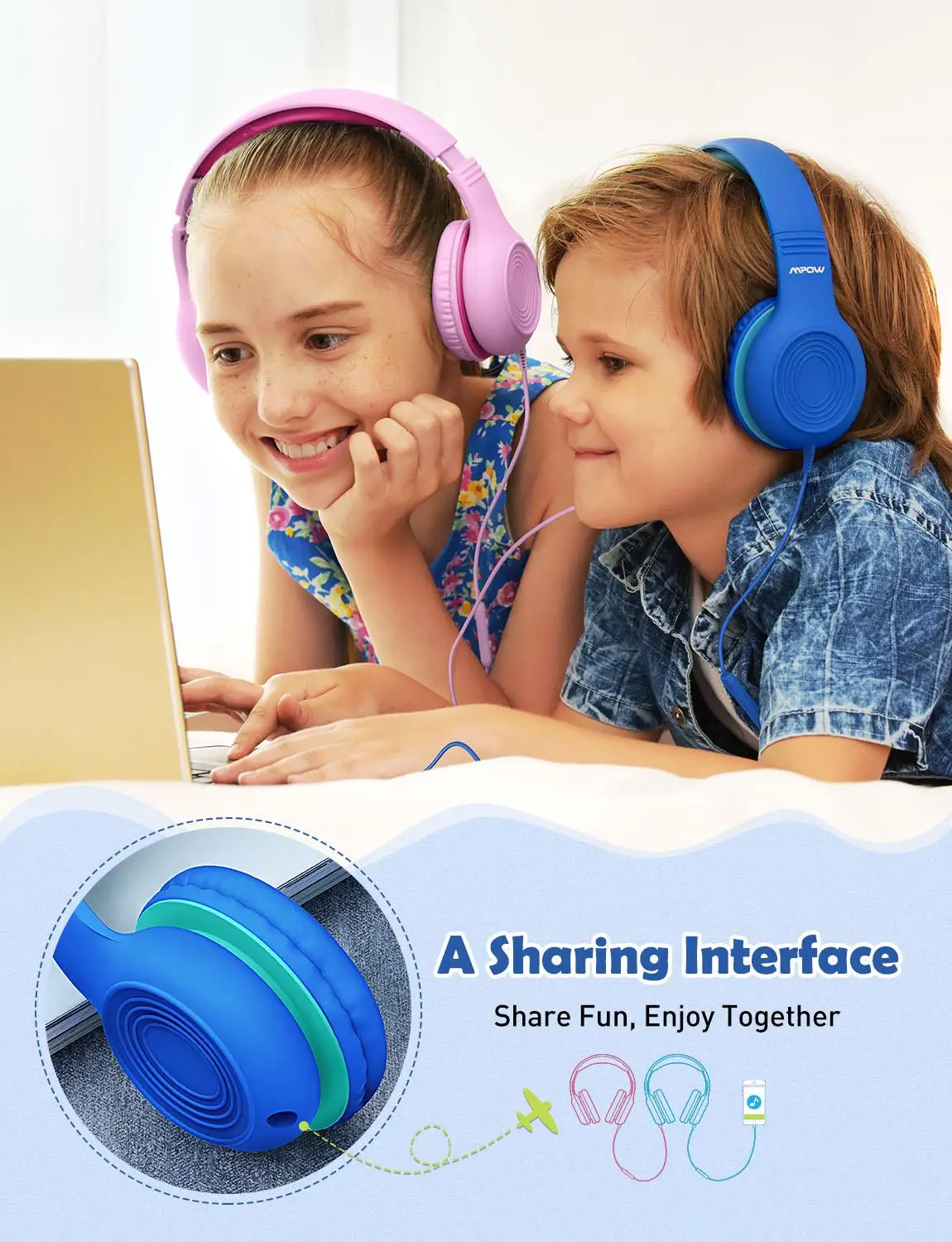Mpow CH6S Kids Wired Headphones with Mic Folding Over ear Headsets 85DB Volume Limited Hearing Protection Headset for Girls Boys