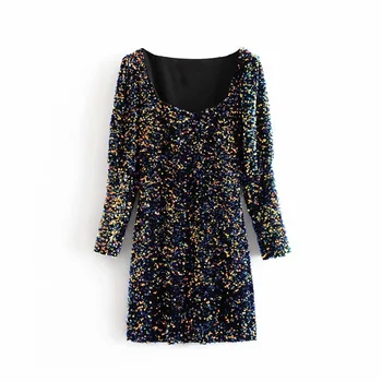 

Autumn 2019 women's new long sleeve contrast stitching embroidered dress with bead decoration velvet mini dress