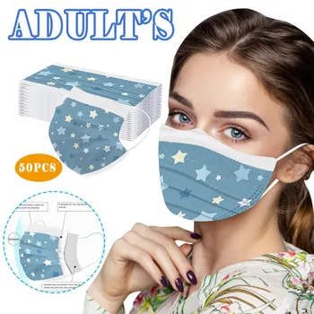 

50pcs Adult Blue Five-star Print Masks Adults Disposable Facemask Three Layer Protection Breathable Mouth Cover Ear Hook Маски