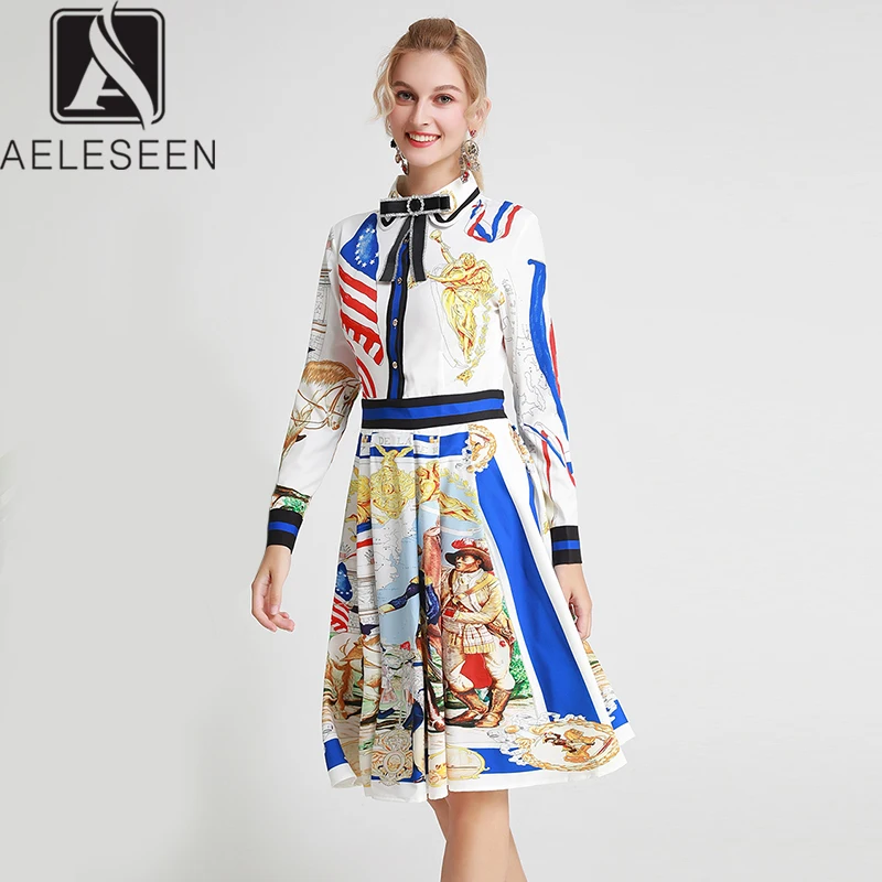 

AELESEEN New Runway Design Print Knee-Length Dresses Women 2020 European Character Bow Tie Angles Vintage Printed Midi Dress