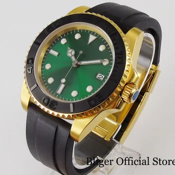 

Luxury Yellow Gold Mechanical Automatic Men Wristwatch Green Sunburst Sterile Dial Rubber Strap 24 Jewels NH35 MIYOTA 8215 Date