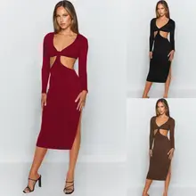 

Tight Sexy Dress 2022 Spring New European and American Fashion Open Back Open Waist Deep V-Neck Long Sleeve Hip Wrap Skirt