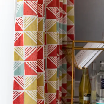 

BIGMUM Red Green Geometric Square Blackout Curtains For Living Room Bedroom Kitchen Cortinas Window Rideaux Pour Le Salon