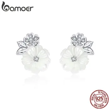 

BAMOER Genuine 925 Sterling Silver Shell Flower White Enamel Stud Earrings for Women Fashion Sterling Silver Jewelry BSE008