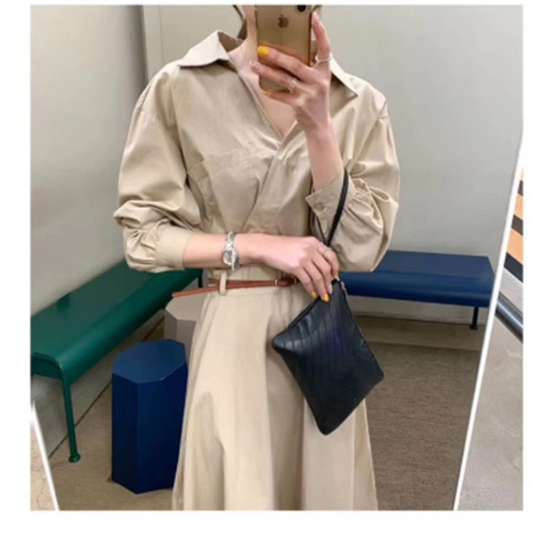 

Women's Simple Long Shirt Dress Fall Korean Chic POLO Slim Waist Belt Femme Dresses Elegance Solid Color Ankle-length Dress