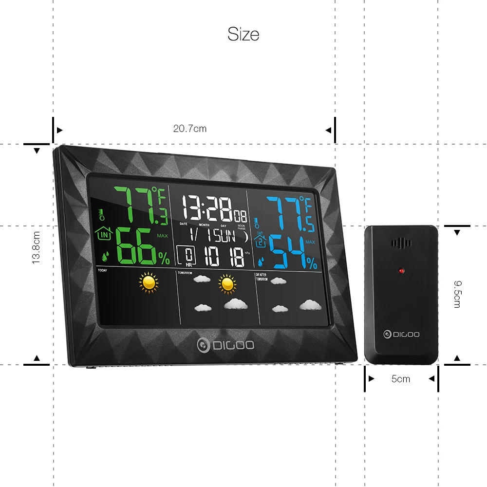 DIGOO DG-8270A, домашняя, уличная Метеостанция+ 100 м, датчик погоды, термометр, гигрометр, метр, календарь, 3CH, подсветка, черный