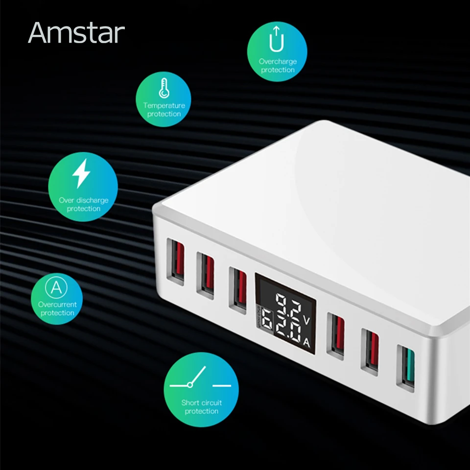 Amstar 40 Вт Quick Charge 3,0 USB Зарядное устройство адаптер 6-Порты Led Дисплей QC3.0 USB телефон Зарядное устройство для iPhone samsung huawei Xiaomi