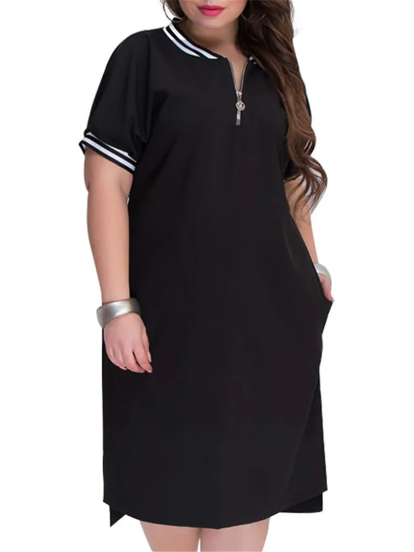 5XL 6XL размера плюс прямые женские платья с круглым вырезом на молнии большого размера летние повседневные свободные однотонные платья красного цвета Vestidos