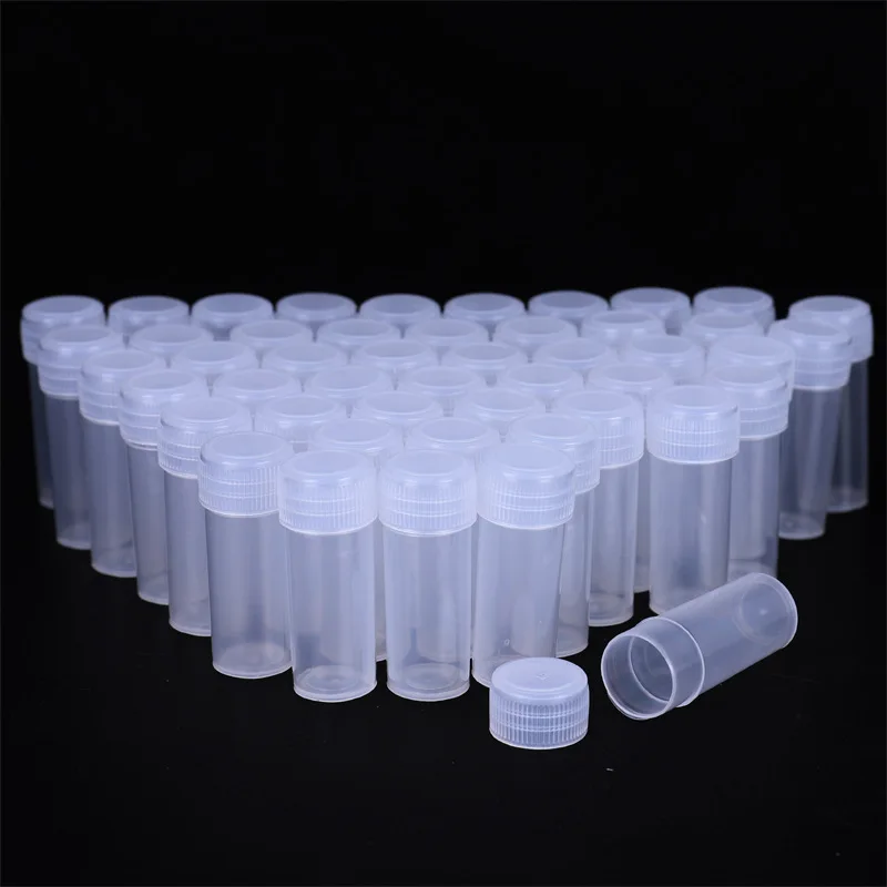50Pcs/lot 5ml Plastic Sample Bottles Mini Clear Storage Vials Case Pill Capsule Storage Containers Jars Test Tube Pot For Lid plastic clear test tube rack 24 holes stand lab test tube stand shelf school supply lab equipment