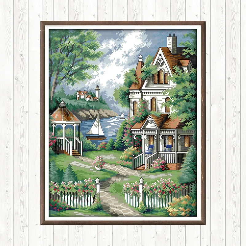 Joy Sunday Seaside Villa Painting Counted Cross Stitch Kits for Embroidery Kit DMC DIY 14CT 11CT Printed Canvas Needlework | Дом и сад