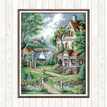 

Joy Sunday Seaside Villa Painting Counted Cross Stitch Kits for Embroidery Kit DMC DIY 14CT 11CT Printed Canvas for Needlework