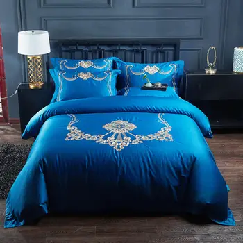

4/6 Pieces Noble blue Bedding Set Embroidery/satin Bed Set Necklace pattern Bed linen Queen King size Bed High-grade Bedding