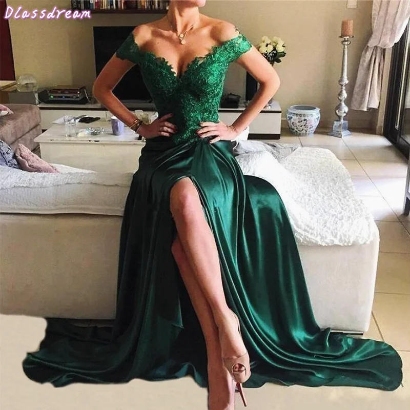 

Sexy Appliques Sequins Prom Dress Dark Green Split Sweep Train Off Shoulder V-neck Backless Satin Evening Dress  