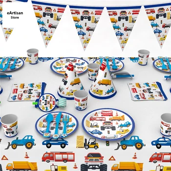 

1 Set Cartoon Cars Party Disposable Tableware Plate Napkin Tablecloth Cup Construction Vehicle Birthday Party Supplies Decor