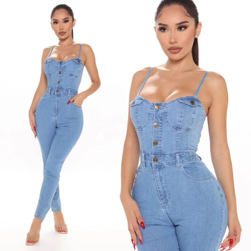 Tobinoone кнопка сексуальный джинсовый комбинезон длинные женские bodycon Летний