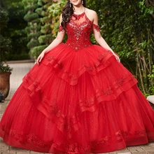 Сверкающее красное Тюлевое платье, бальное платье на бретельках с открытыми плечами, многослойное бальное платье, бальное платье