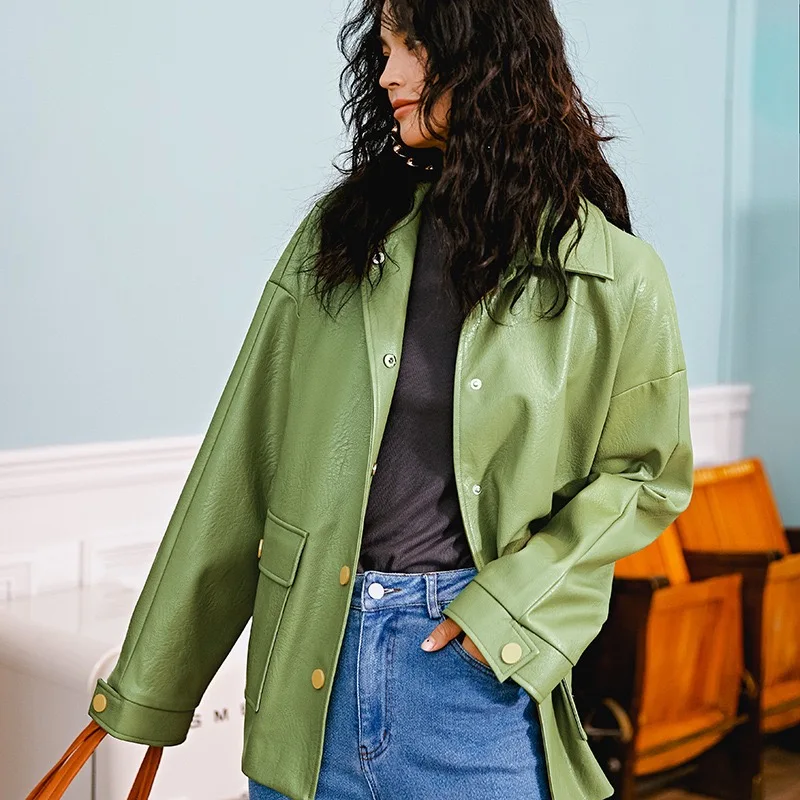 Autumn Winter Original Fashion Gloria&Grace Green Vintage Instagram PU Leather Suede Loose Oversize Coat Jacket Outerwear