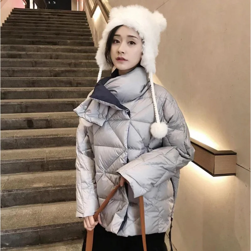 Зимний короткий корейский стиль Тонкий Шарф Пол теплый ромбовидная решетка утягивающий пуховик Женское пальто
