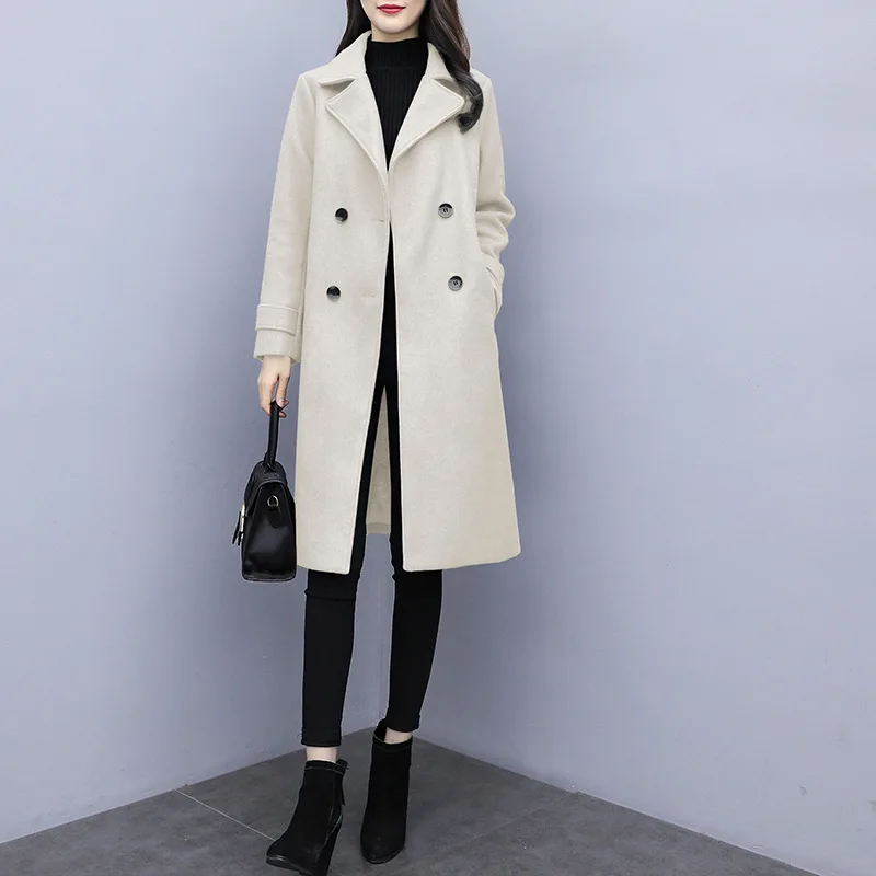 Autumn And Winter Woolen Jacket Women's Mid-length Korean-style Fashion Haze Blue Women's Woolen Overcoat Thicken