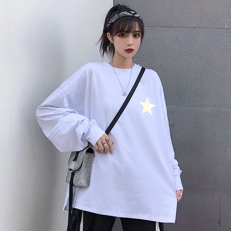 Женские футболки, топы, японские Kawaii, для девушек, Ulzzang, с принтом, светоотражающие, с длинным рукавом, футболка, женская, Harajuku, одежда для женщин