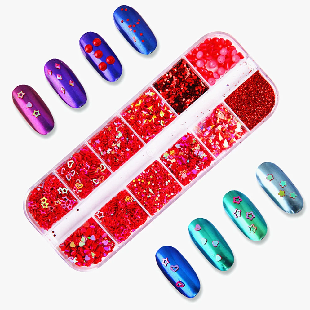 12 Colors/box Nail Art Holographic Sequins Glitter Flakes UV Gel Nail Polish Heart Star Self-adhesive Nail Art DIY Nail Decor