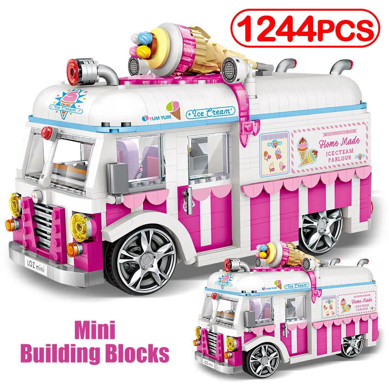 

1244pcs Ice Cream Van Cake Bus Truck Mini Building Blocks Educational Creator Friends DIY Pink Car Figures Bricks Toys for Girls