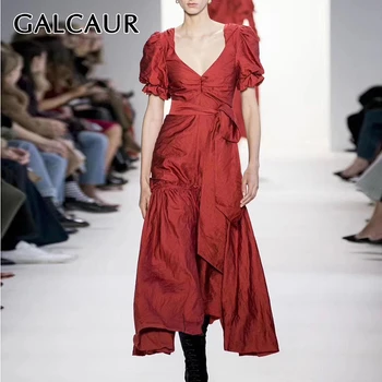 

GALCAUR Korean Elegant Lace Up Women Dresses V Neck Puff Short Sleeve High Waist Slim Midi Dress Female Fashion 2020 Spring New