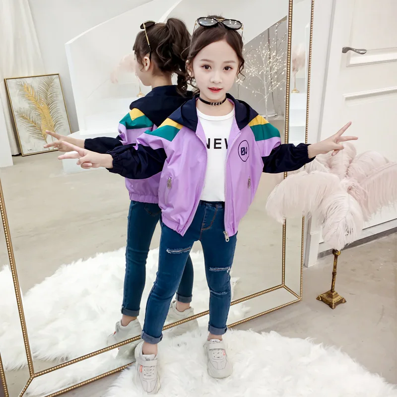 

2019 New Style Sports tong jia ke Girls Autumn Cardigan Tops Big Boy Children 5-Word Hooded Coat