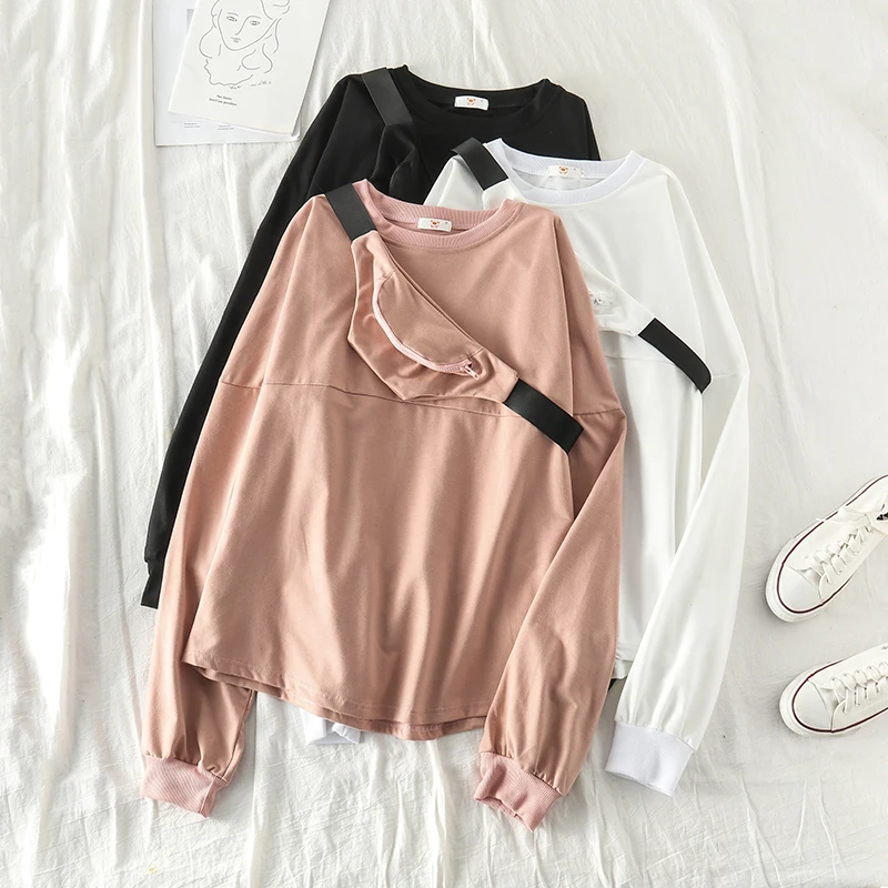 

Fashion Oversized Loose Women Sweatshirt with Waist Bag Kawaii Autumn Winter O Neck Solid Casual Harajuku Plus Size Pullovers