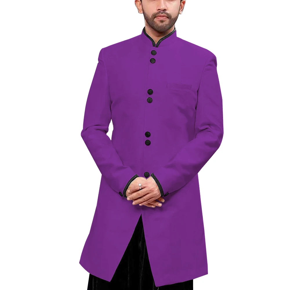 Традиционный мужской пиджак с воротником-стойкой, скромный длинный пиджак с воротником-стойкой, индийский официальный пиджак для торжественных мероприятий, свадебная верхняя одежда для жениха - Цвет: Фиолетовый