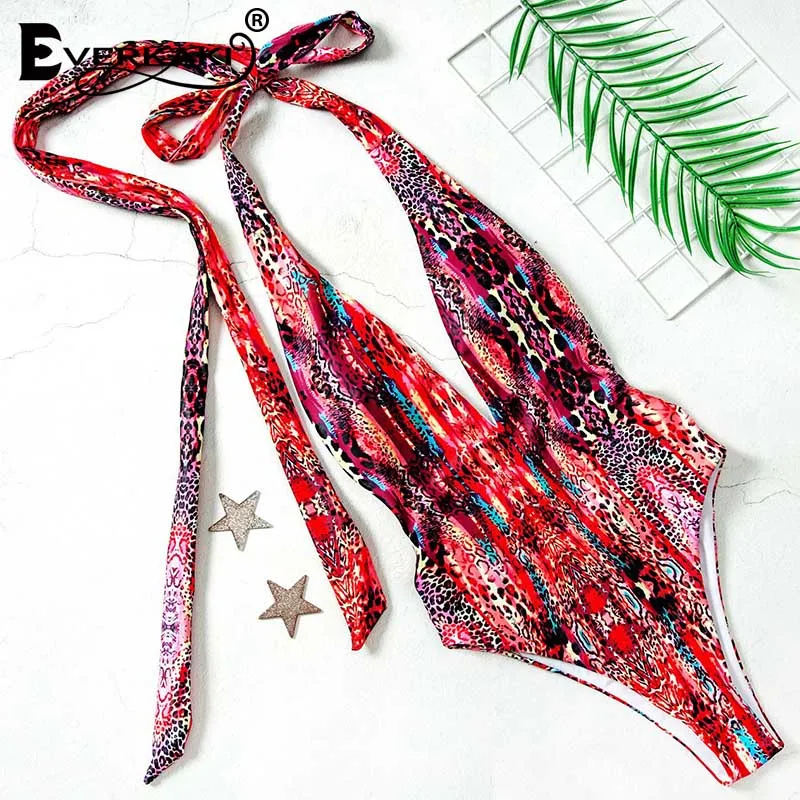 Red Everkaki купальник бикини с рисунком, Летний Пляжный Купальник с поясом, сексуальный женский купальник бикини, шикарный женский купальник, новая мода - Цвет: Red