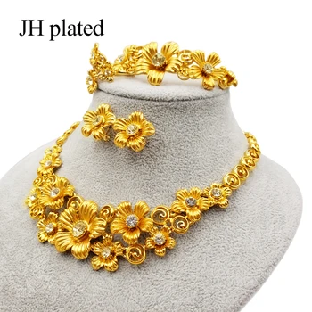 

Dubai Luxury gold color Flowers Jewelry Sets of women African Ethiopian Necklace bangles Earrings Ring sets Wedding gifts