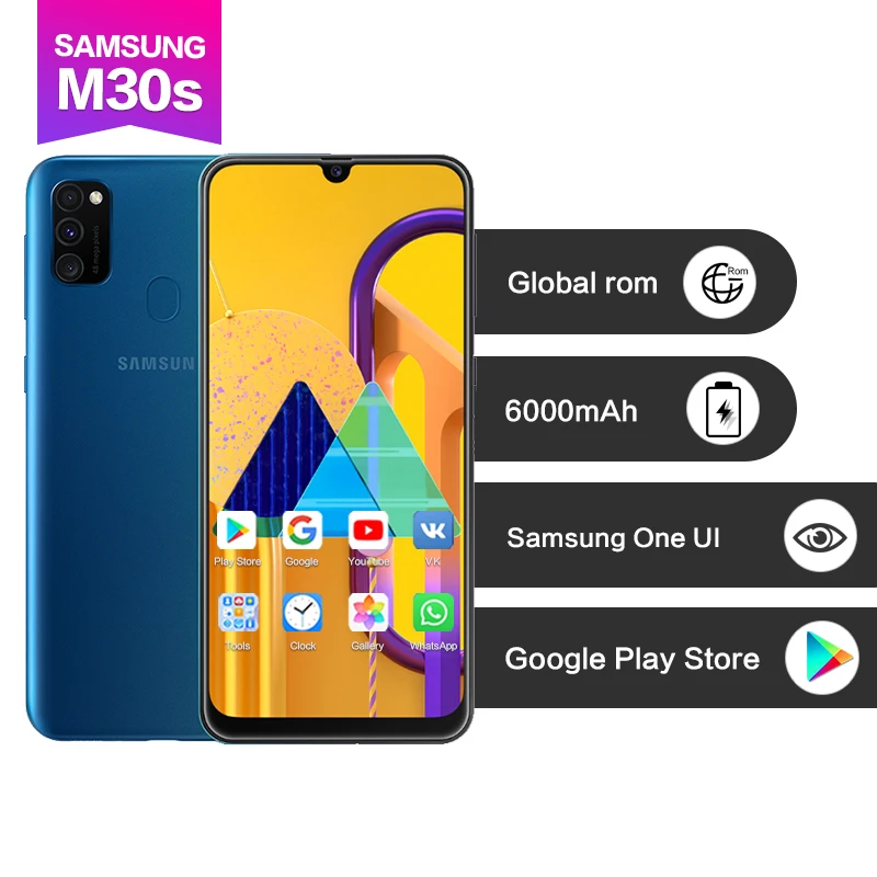 

Samsung M30s 6.4" 4x zoom Super AMOLED Screen 2340*1080 6000mAh Face+Fingerprint ID 15w Fast charging 48MP 4 camerasOcta Core