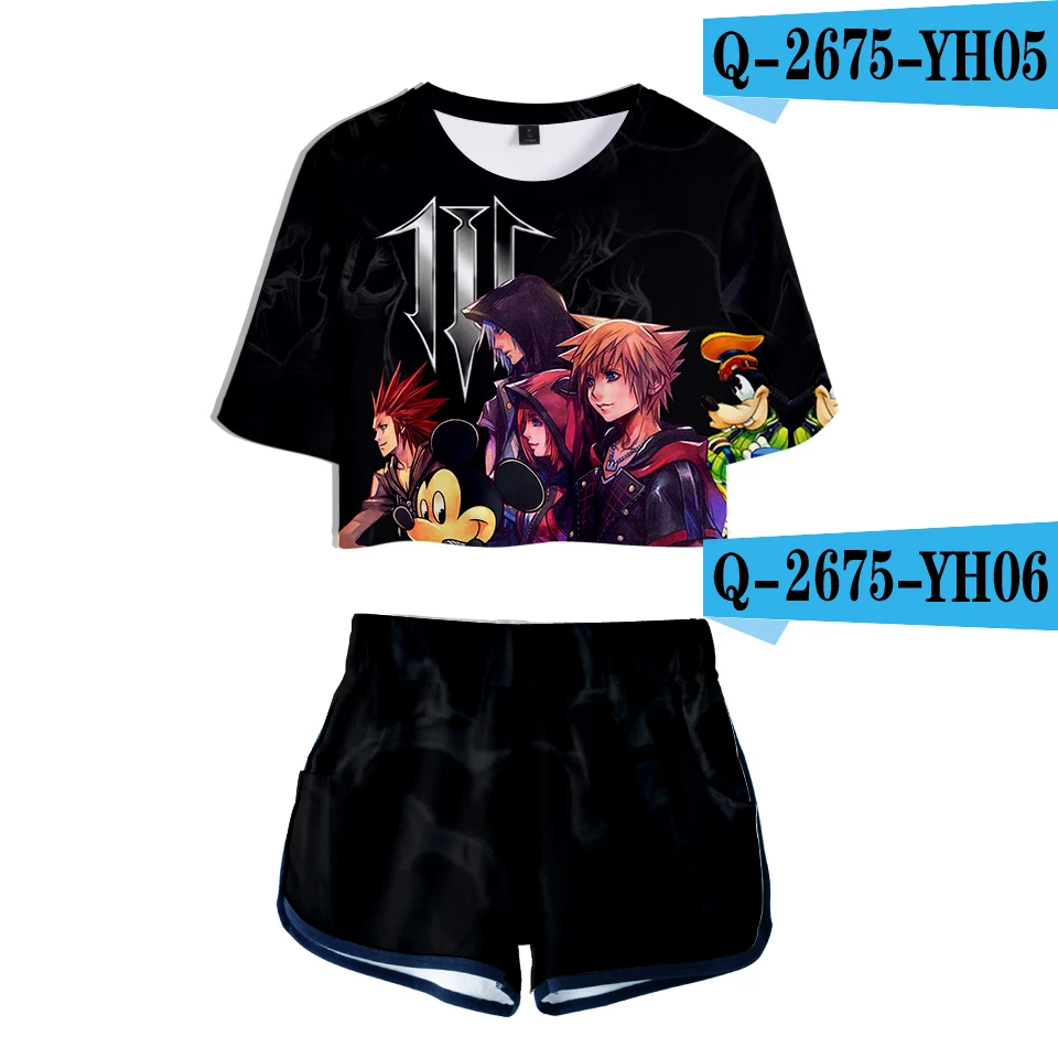 Футболки с принтом «Kingdom Hearts Midriff», шорты, комплекты для женщин,, аниме, 3D, крутой сексуальный костюм, милые женские летние отличные костюмы для девочек в стиле хип-хоп - Цвет: Темно-серый