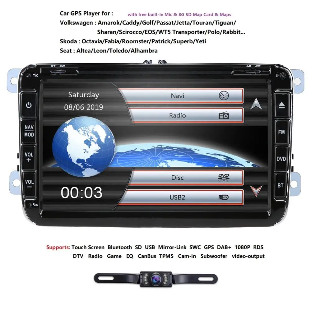 Оптовая продажа! 2Din 8 дюймов DVD плеер автомобиля для V W/Volkswagen/Passat/Поло/Гольф/Skoda/Seat/Леон DAB + BT gps-навигация радио FM/AM Cam SD