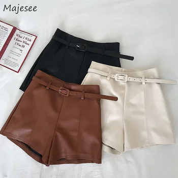 

Shorts Womens Harajuku Simple with Belt Basic PU High Waist Solid Vintage Casual Retro Women Bottom Trendy All-match Popular New