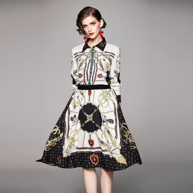 

2019 New Style Autumn Clothing Fashion Elegant French Long Sleeve Shirt + Printed Half-length Skirt Two-Piece Set