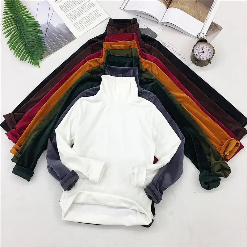 Maglietta dolcevita da donna nuova primavera Maglietta calda spessa Veet T-shirt Camicia a maniche lunghe con fondo femminile Tops396_voghion.com