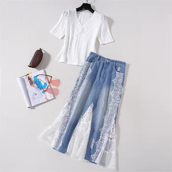 

High Street Fashion Summer 2Piece Set Women 2020 Elegant Lady Outfits Hollow White Lace Top and Denim Skirt Suit Matching Sets