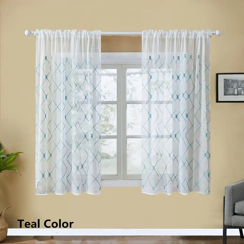 Topfinel Geometric Embroidered Short Sheer Curtains Tulle Window