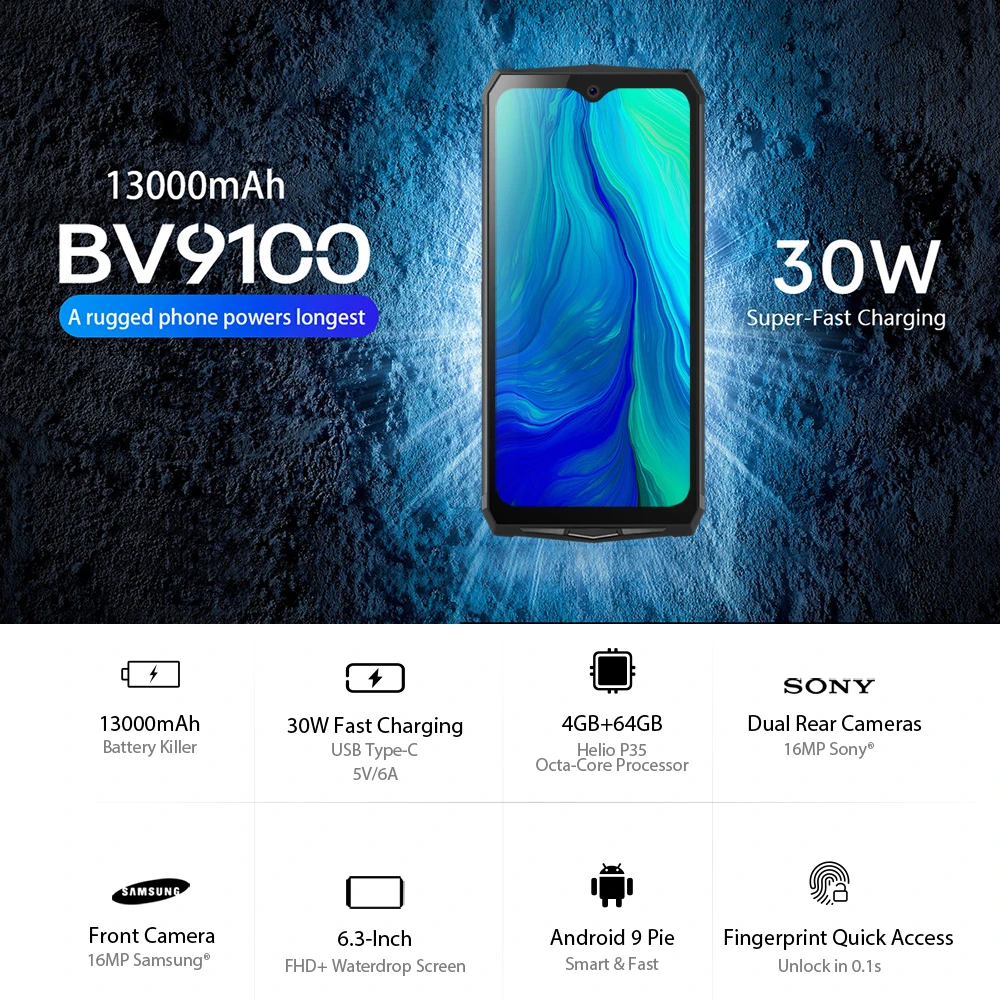 Blackview BV9100 13000 мАч прочный 30 Вт Быстрая зарядка 6 3 &quotFHD 4 Гб + 64 16.0MP мобильный телефон