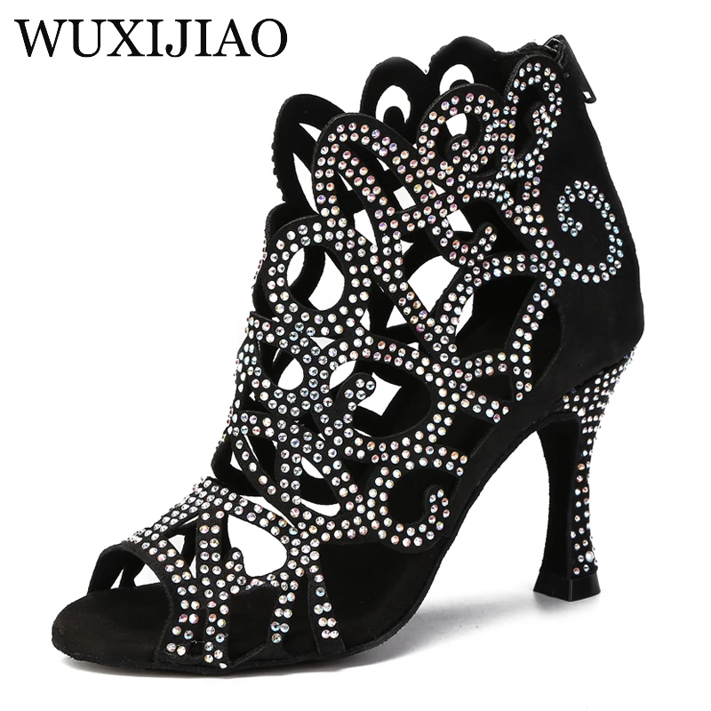 

WUXIJIAO Popular hot selling ladies laser hot diamond black Latin salsa boots shoes training stage performance party soft sole