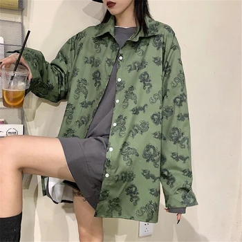 

Chic Vintage Green Long Sleeve Harajuku Shirt Woman Loose Casual Blouses
