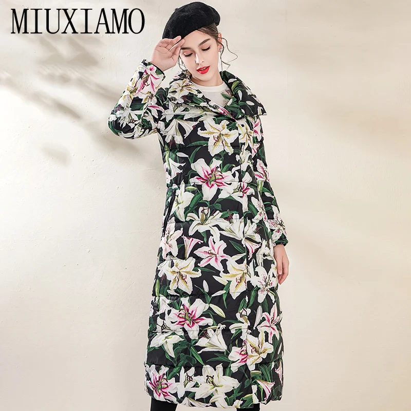 MIUXIMAO/ зимнее пальто, Свободное пальто с цветочным принтом лилии, элегантное Модное теплое длинное пальто, винтажное длинное женское пуховое зимнее пальто