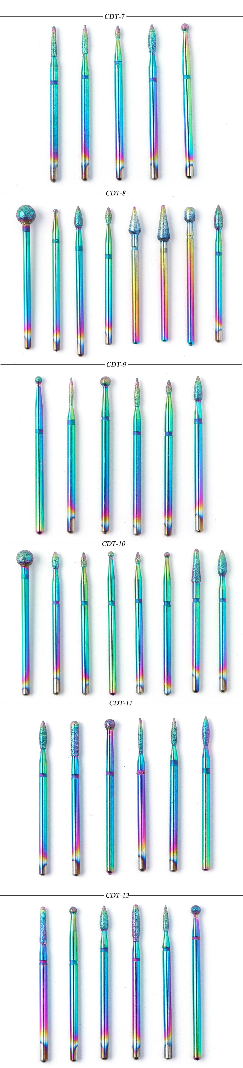 Алмазные сверла для ногтей, набор в цветах радуги, фреза для электрического маникюра, шлифовальная машина для удаления кутикулы, вращающиеся аксессуары, CHCDT-1-12