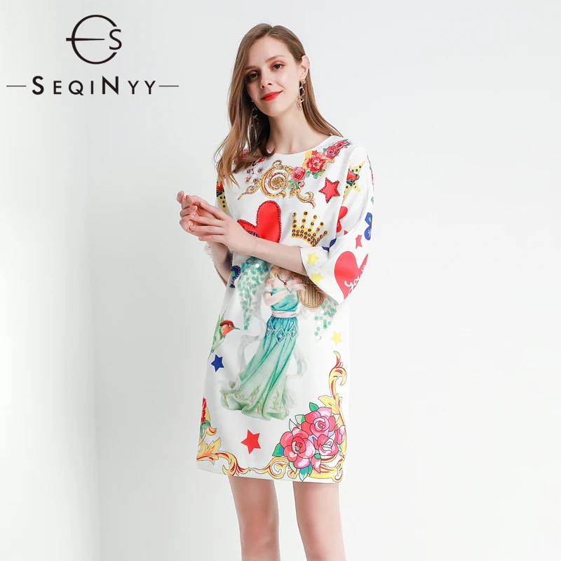 

SEQINYY White Dress 2020 Summer Spring New Fashion Design Half Sleeve Heart Cartoon Printed Crystal Loose Mini Dress
