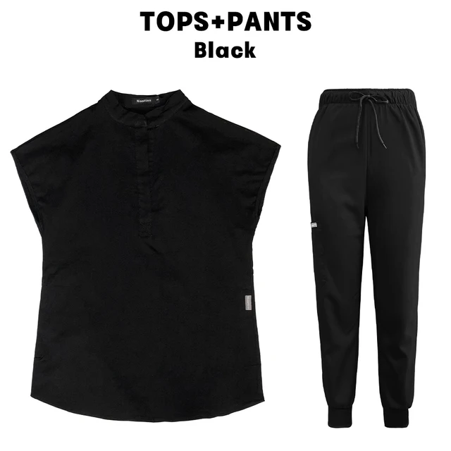 Scrubs Set for Women Pet Hospital Uniform Set Scrub Suits Solid Color Unisex Surgical Gown Pocket V-neck Joggers Wholesale Price Black